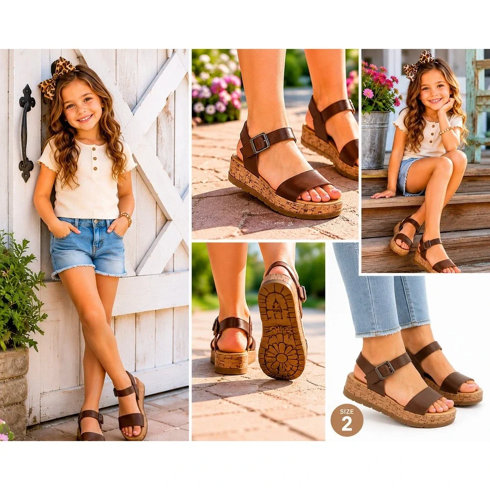 RACHEL‎ SHOES Venice-C Brown Platform Sandals Girls Size 2M Cork Sole Summer